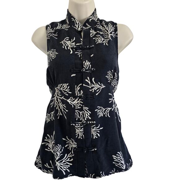 Torch Tops - Vintage Torch Hawaiian Silk Mandarin Collar Sleeveless Tunic Shirt Black M Coral